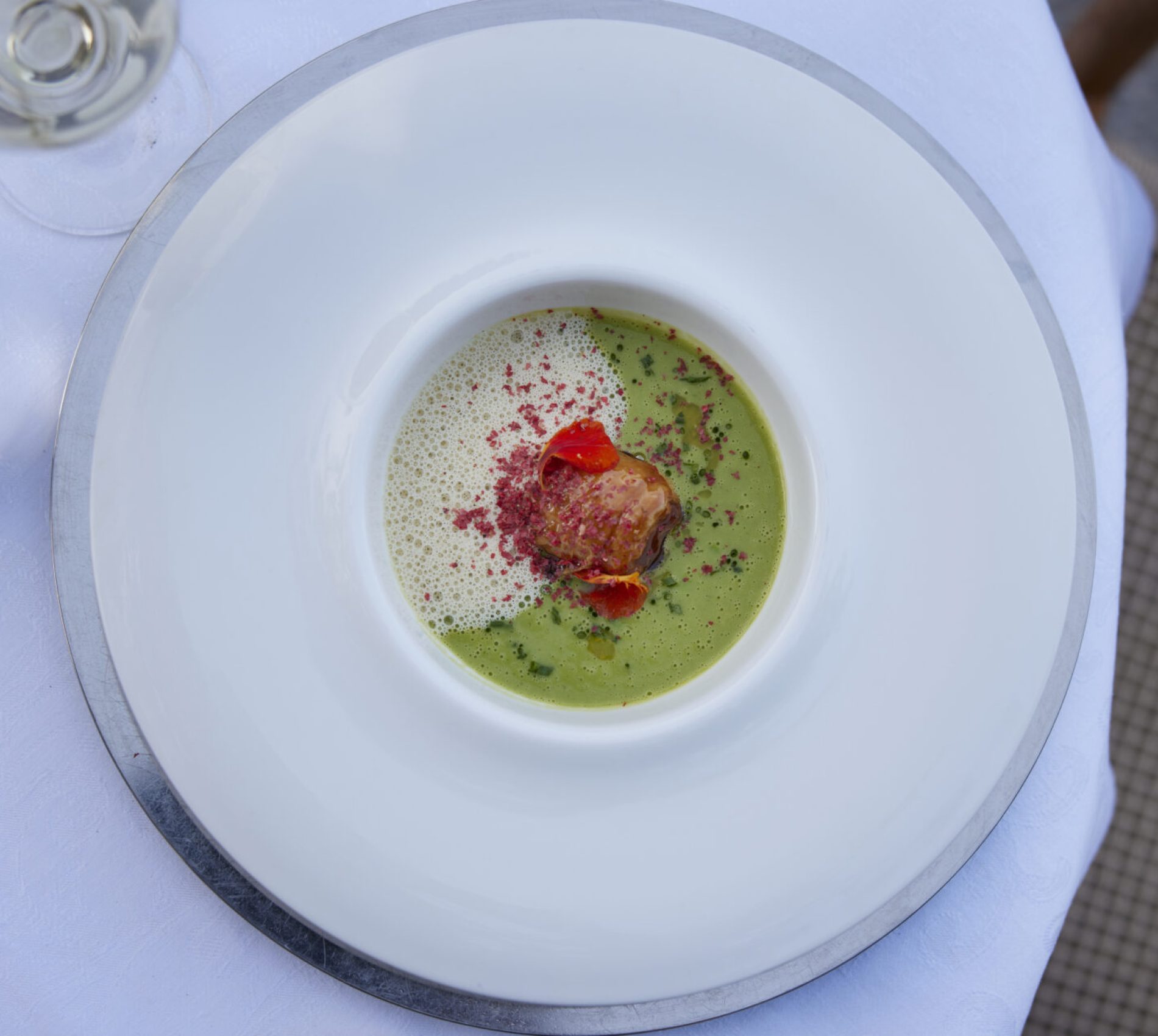 Old Mill Cold pea soup with feta cheese in a crust, and carob honey