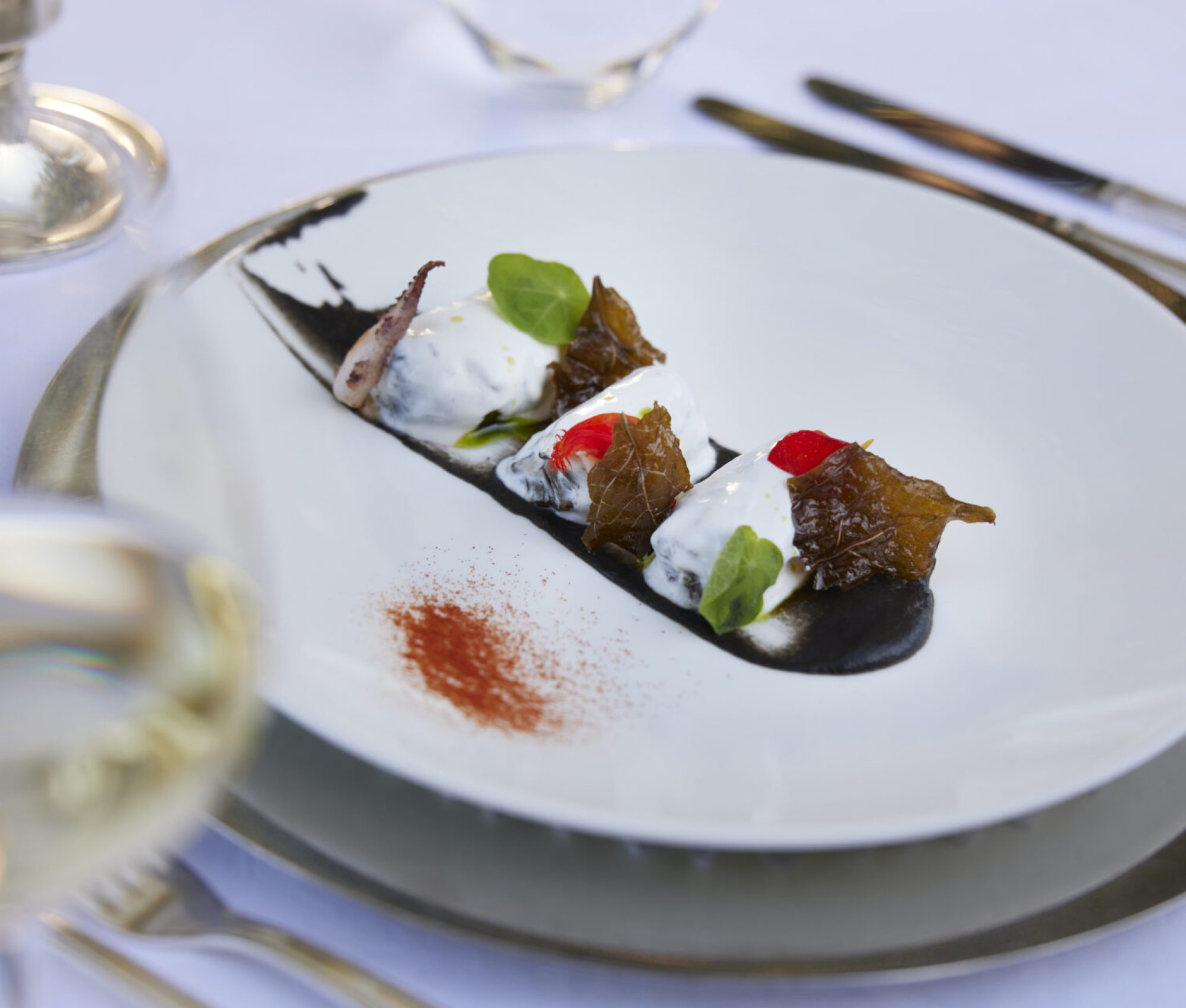 Old Mill Vine leaves dolmades with rice, cuttlefish and goat's yoghurt